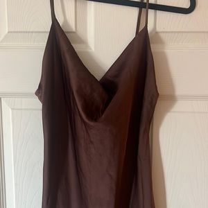 brown spaghetti strap midi dress with slit on left leg